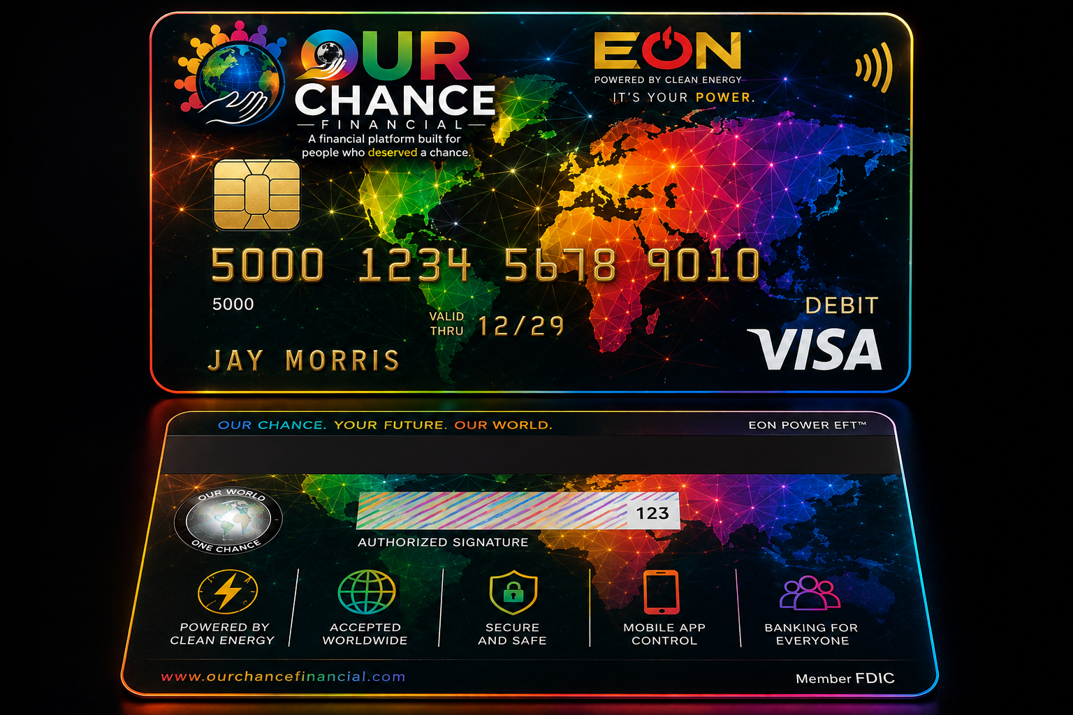 Front and back of the Our Chance Financial debit card